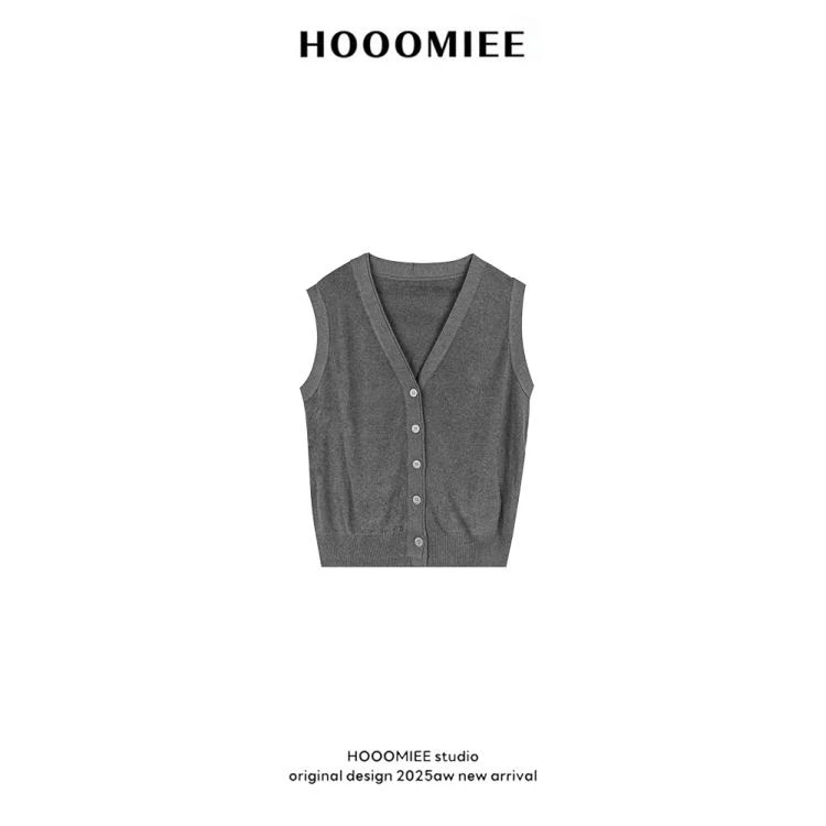 Hooomiee法式复古灰色百搭无袖马甲针织女士开衫J25086
