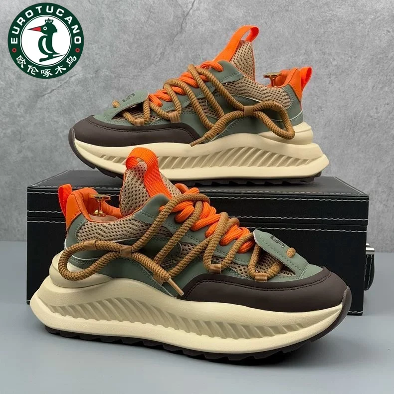 正品欧伦啄木鸟男鞋夏季透气网面老爹鞋子男款厚底增高百搭运动鞋