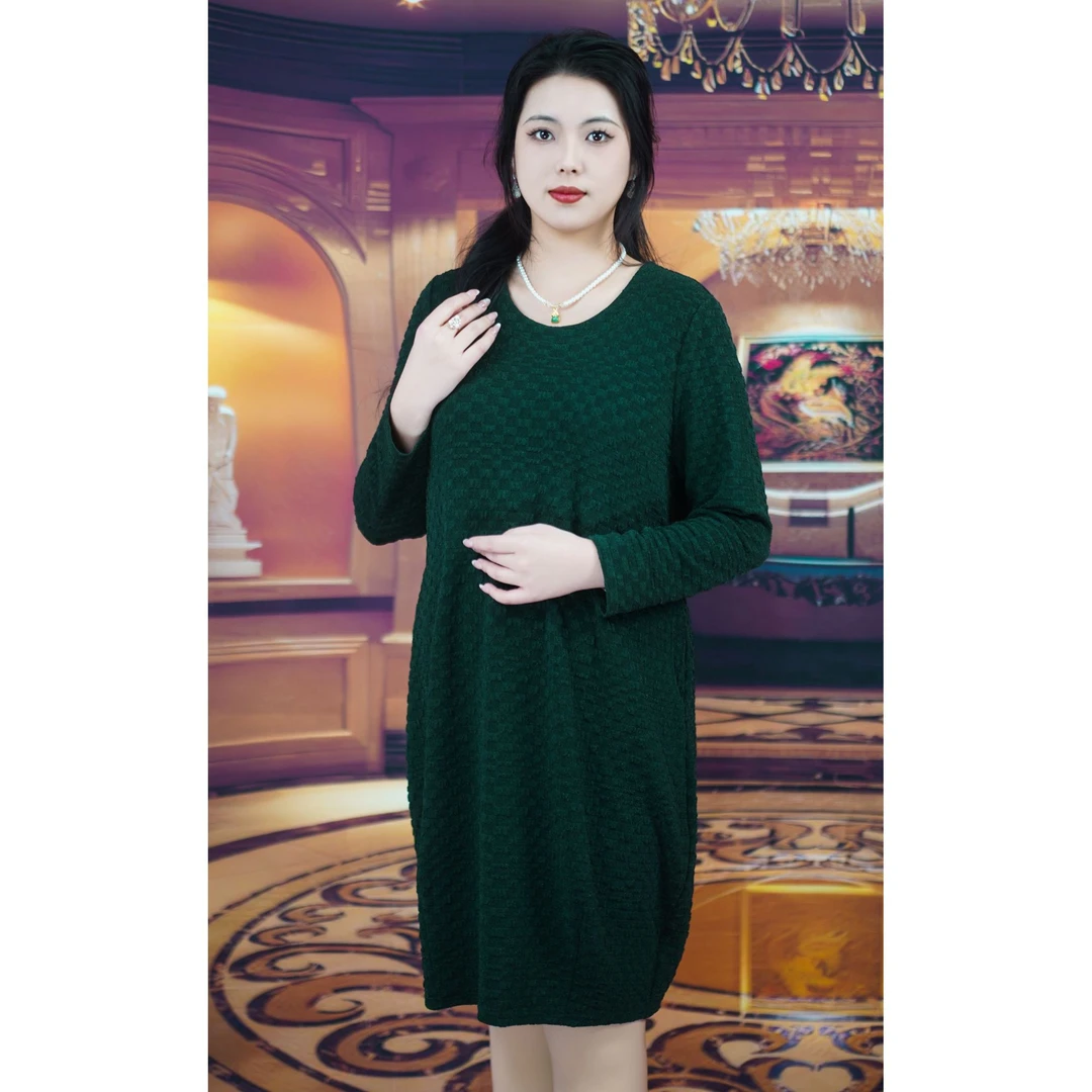 帥財閣帥家圆领茧型连衣裙大码显瘦气质针织宽松中长款时尚连衣裙