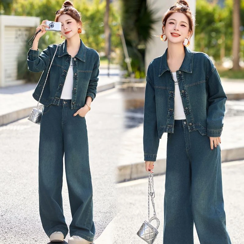 欧货牛仔套装女春秋新款韩系超火穿搭一整套时尚外套阔腿裤两件套