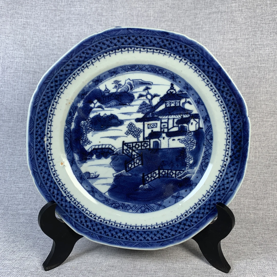 清代青花山水盘古瓷器真品国营镇江市文物商店库出5229020