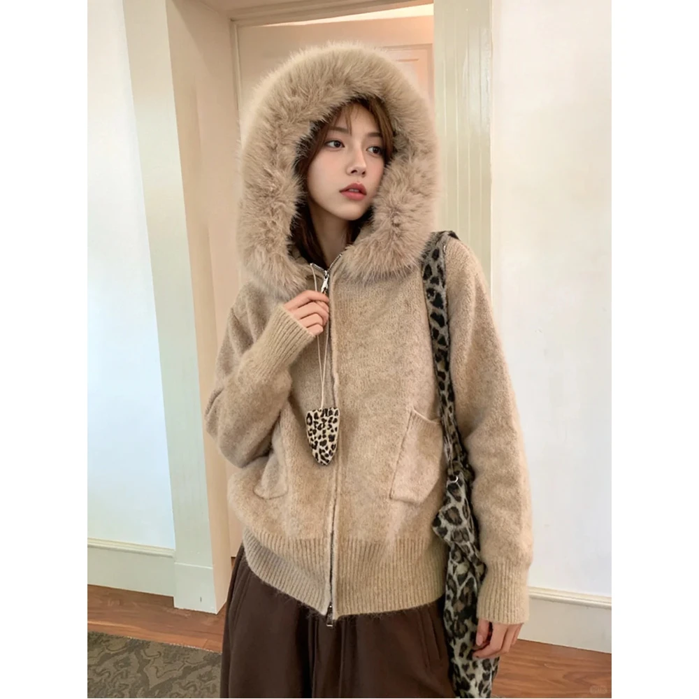 温柔宽松毛领连帽毛衣外套女秋冬新款时尚洋气显瘦针织开衫上衣