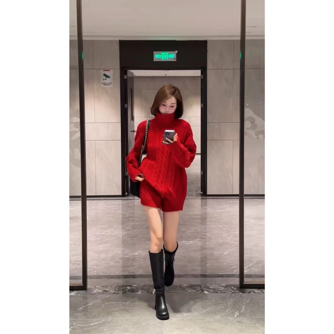 【安暖家】韩国东大门！慵懒风高领麻花保暖毛衣+休闲短裤套装11392