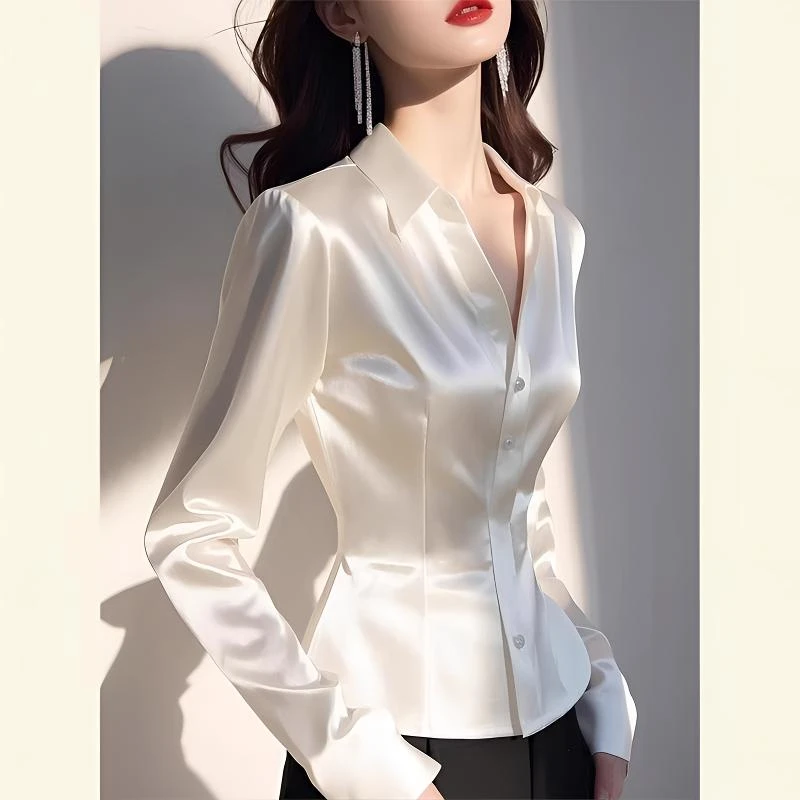 通勤醋酸缎面白色衬衫女春秋新款收腰显瘦法式轻奢高级感洋气上衣