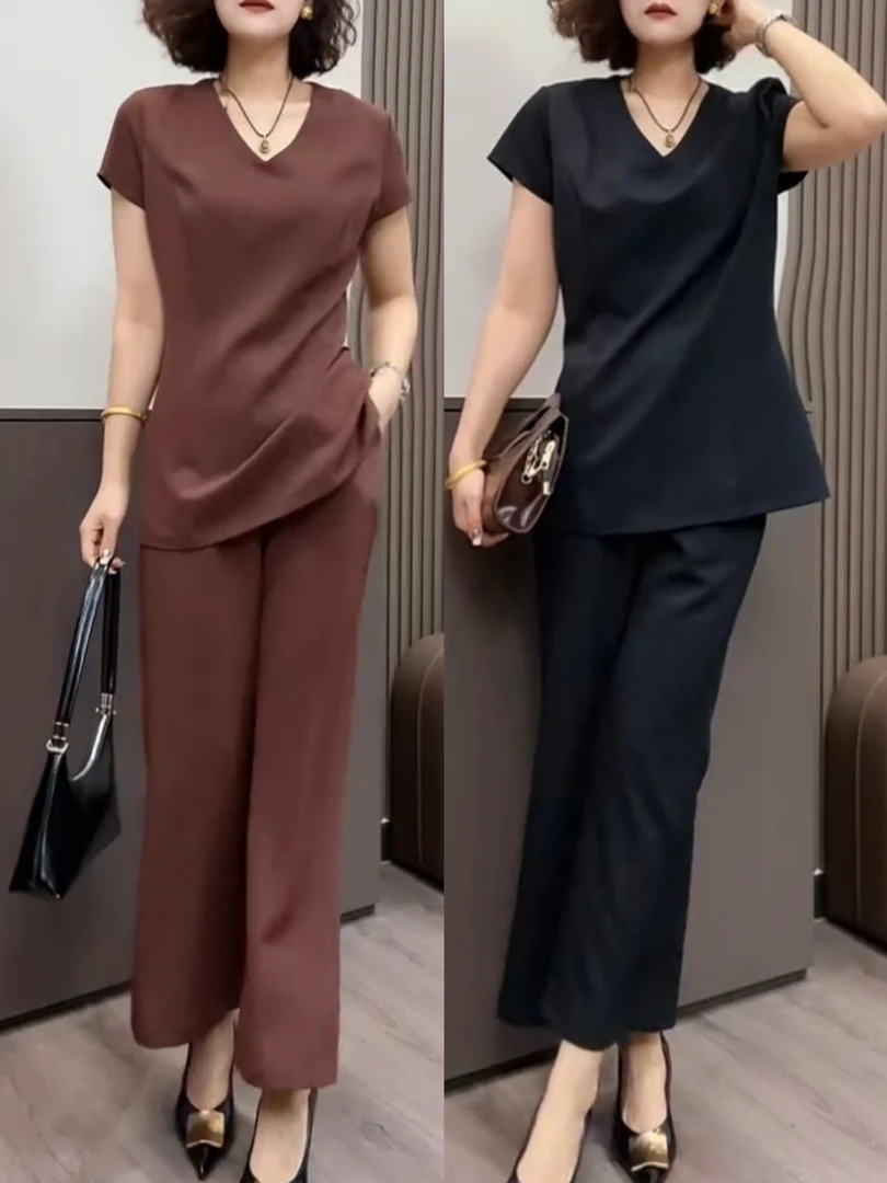 夏季新款时尚洋气套装短袖V领上衣高腰微喇西裤显瘦两件套