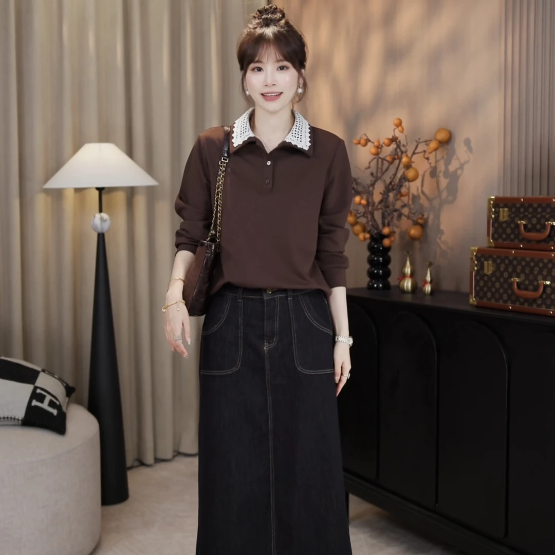 LMENY“花边卫衣”精致花边拼接翻领半门襟长袖显瘦卫衣25CL001