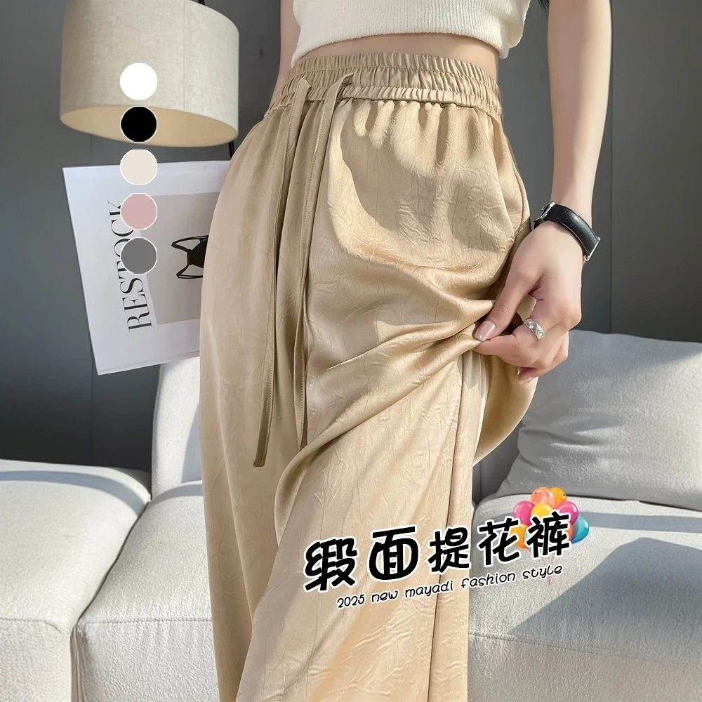 醋酸缎面印花阔腿裤女夏季2025新款防晒裤垂感冰丝国风凉凉直筒裤