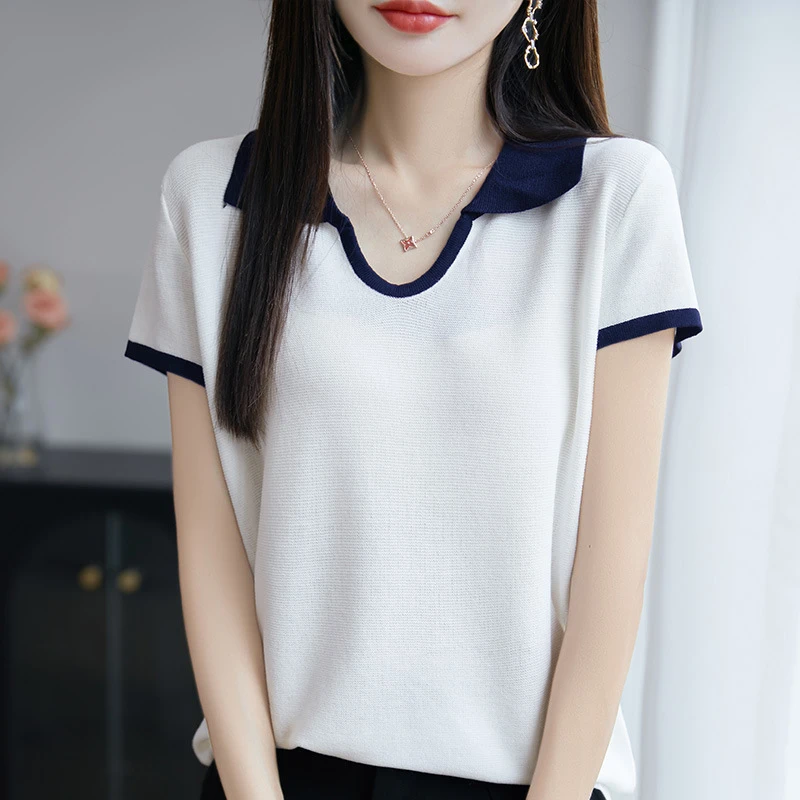 翻领撞色小众薄款针织衫夏新款显瘦正肩冰丝短袖套头上衣女