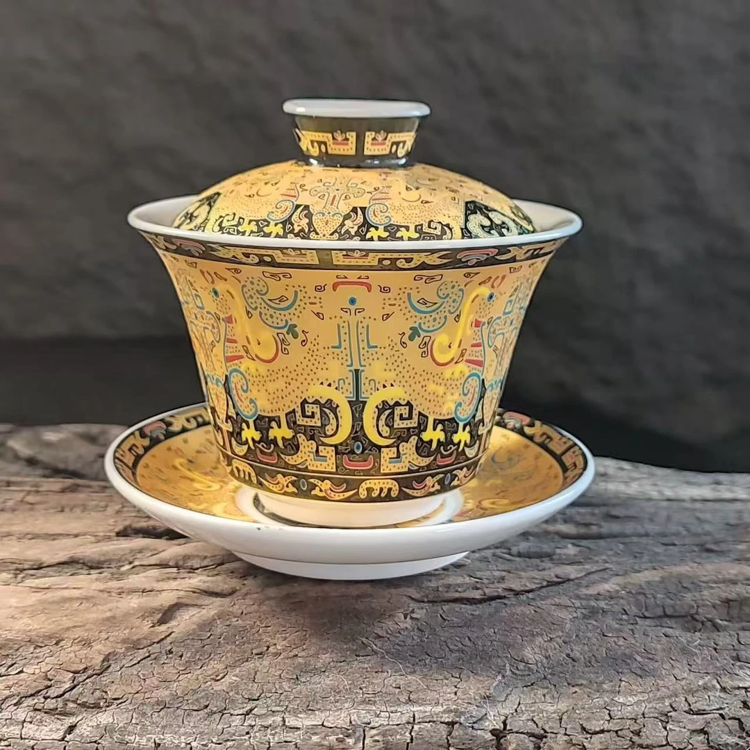 敦煌悬停三才盖碗旋可转陶瓷唐卡功夫中式茶具家用泡茶碗G1993