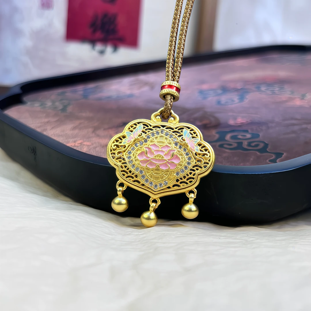 吊坠足银 【珐琅喜相莲锁】双面莲花平安锁足银珐琅彩古法编绳吊坠