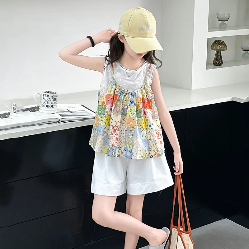 女童无袖套装夏2025新款洋气中大童民族风吊带夏装儿童短裤两件套