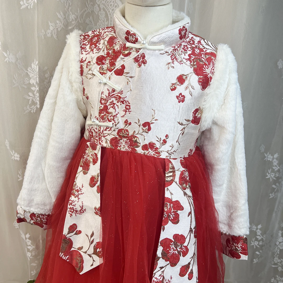 拜年服女童红色唐装汉服冬季过年喜庆服冬装儿童新年衣服2025新款