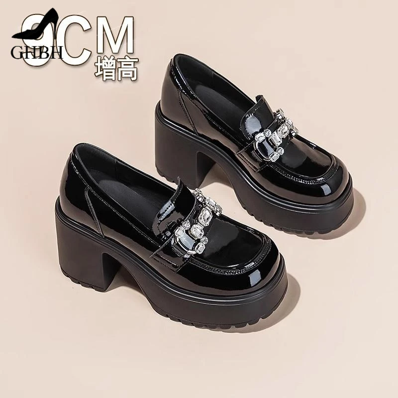 明星英伦风小皮鞋女2025秋季厚底水钻单鞋9cm内增高一脚蹬乐福鞋