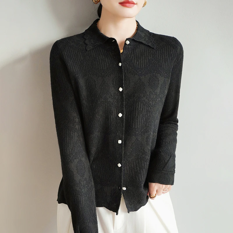 法式简约优雅菱格提花翻领长袖羊毛开衫女春秋款独特百搭好看小衫