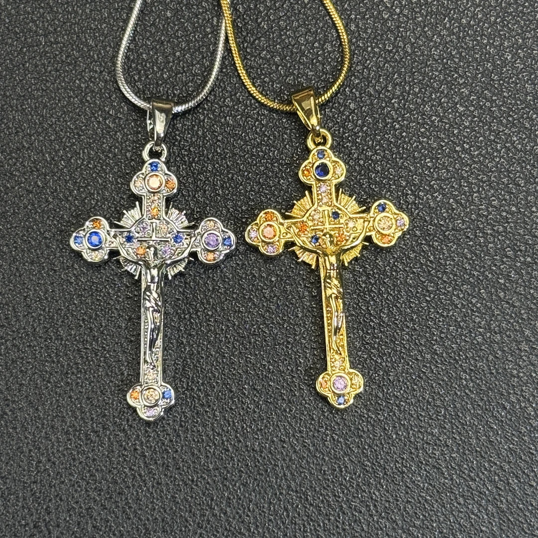 铜合金锆石吊坠 十字架项坠 欧美风法式情侣时尚双色吊坠钛钢项链