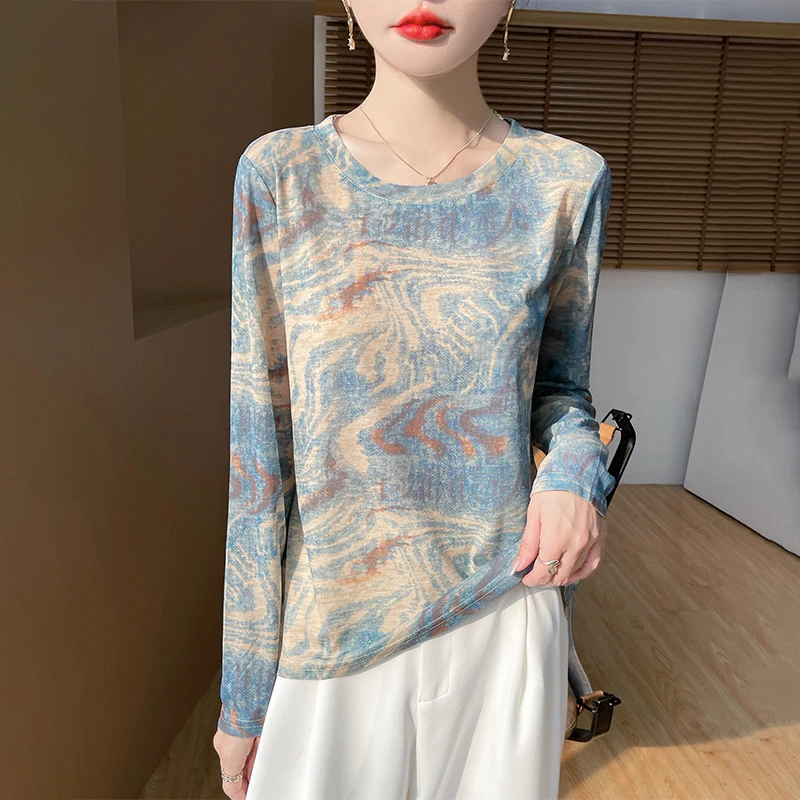 打底衫长袖时尚印花圆领提花毛衣春秋气质针织百搭复古宽松小个子