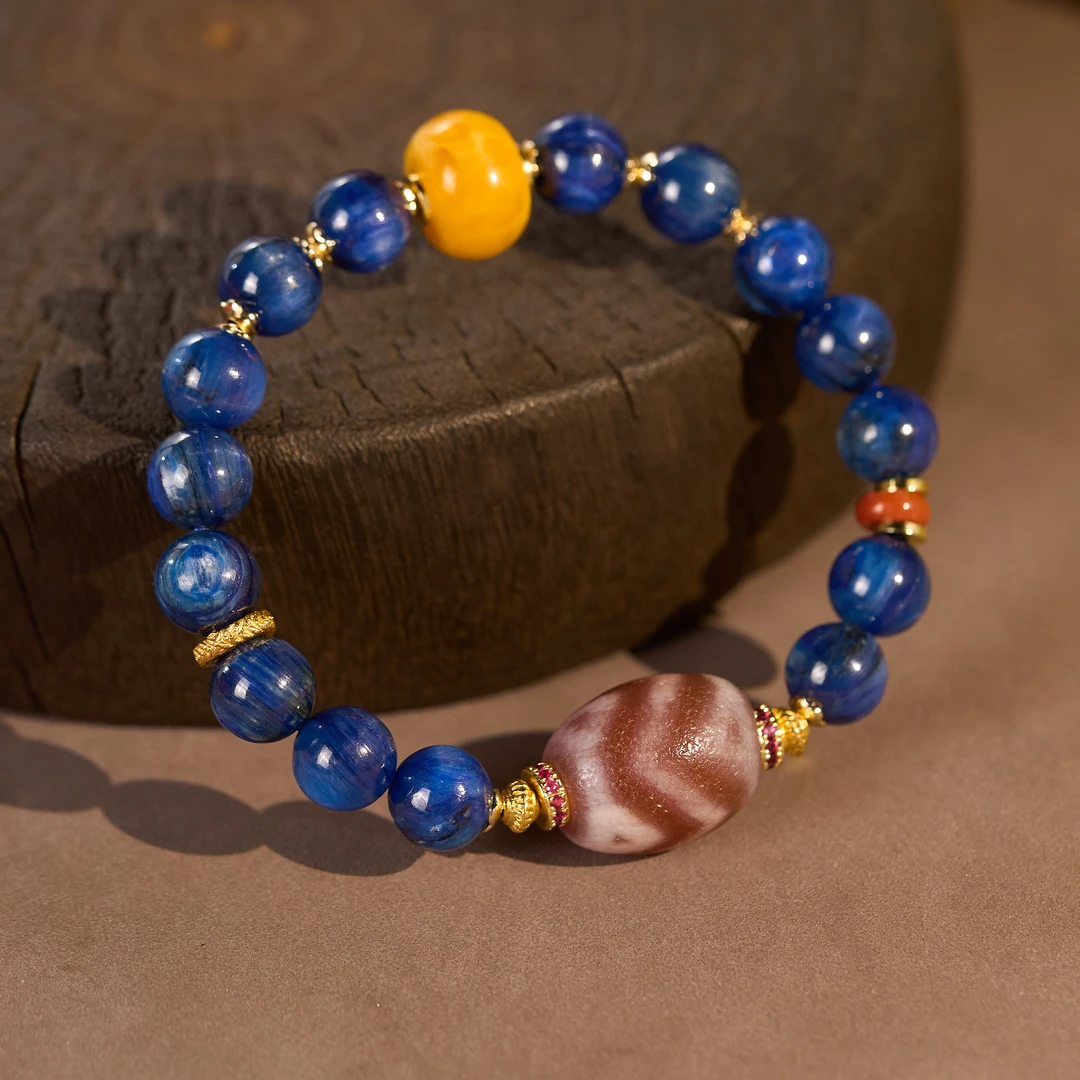 红肉二眼三眼龟背达洛蓝晶天珠手串D3MRQ多样性发一