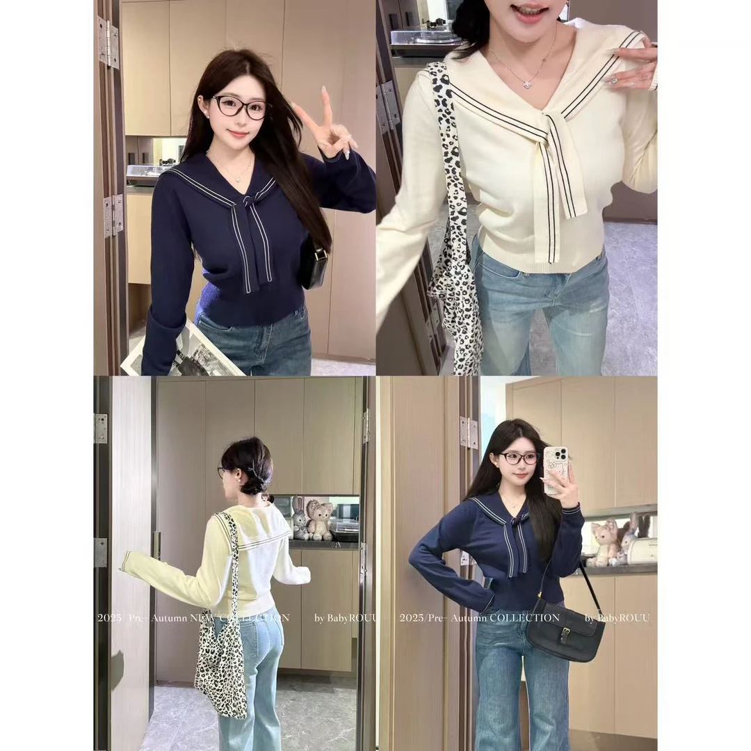 【miu调元英】温与柔巨好看的早秋韩系针织衫学院风海军领长袖上衣