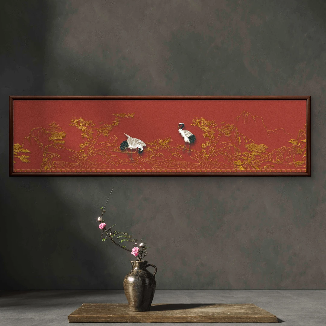9180-40*150仙鹤线条中式装饰画实木框玄关书房茶室客厅挂画