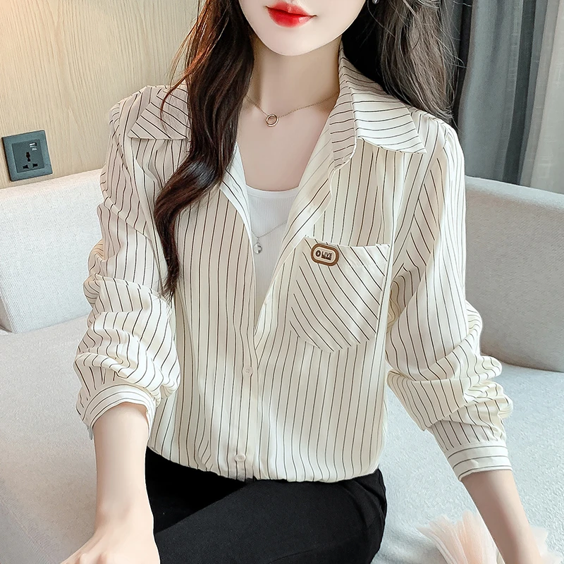 假两件条纹拼接衬衫女士2025秋季新款长袖衬衣设计感小众气质上衣