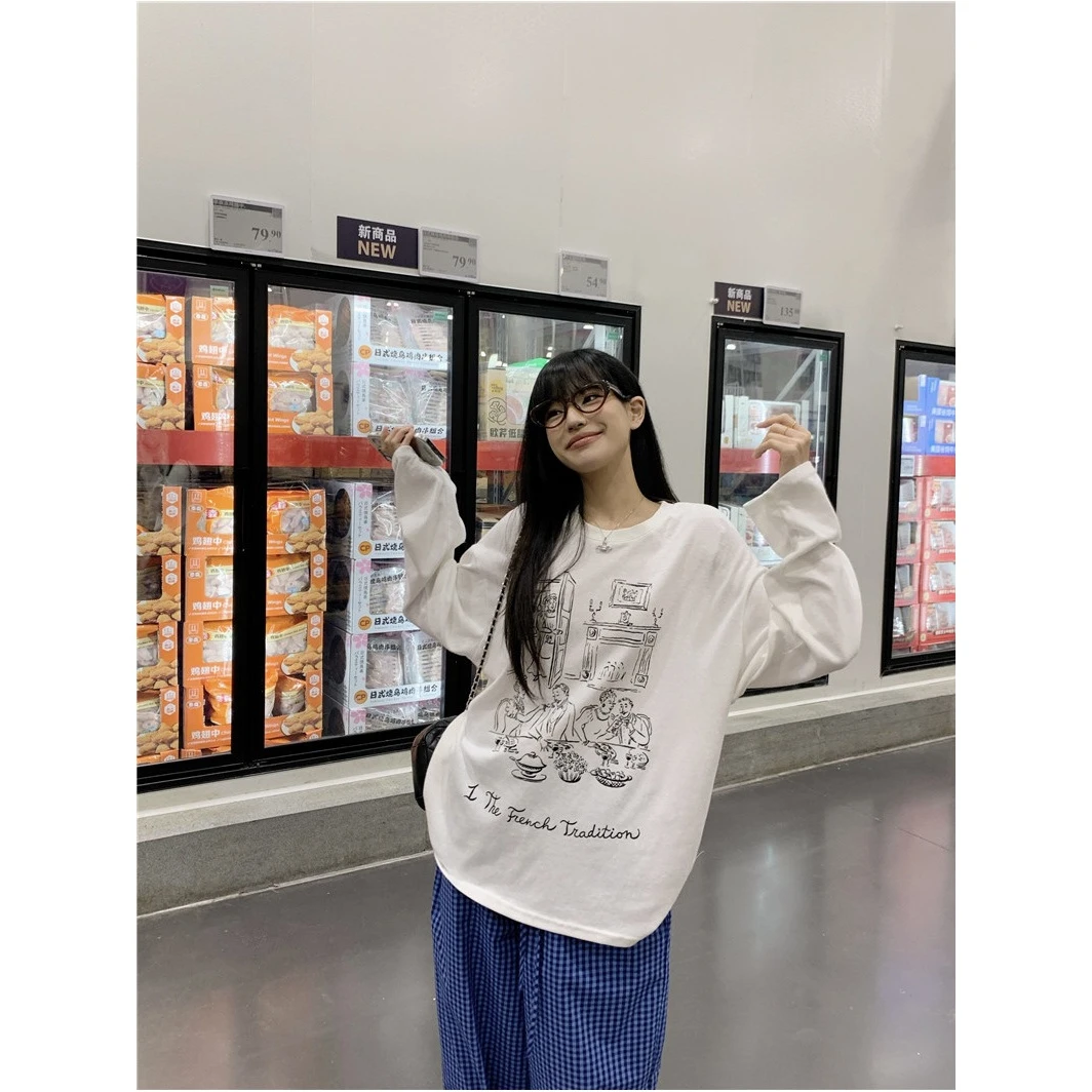 休闲慵懒套装趣味涂鸦长袖T恤女早秋复古格子阔腿裤直筒裤两件套