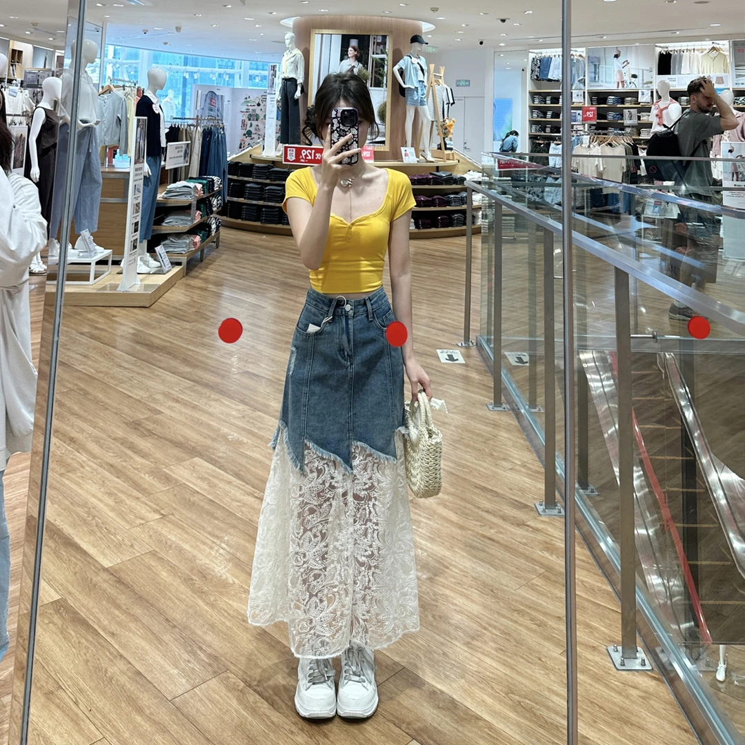 【蕾丝拼牛仔裙】设计感夏季高级百搭复古显瘦牛仔裙女