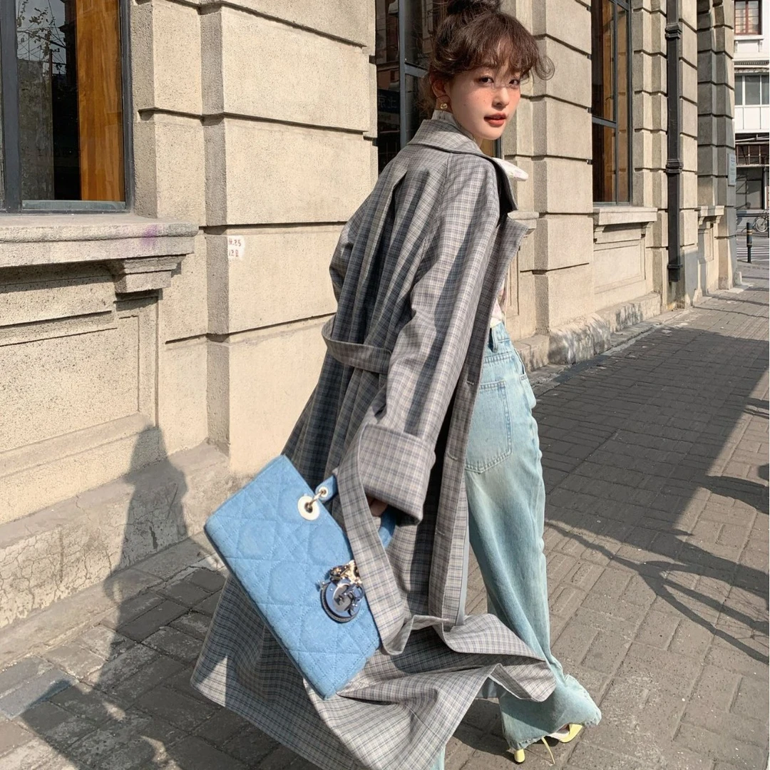 新款气质通勤格子宽松长款风衣女C0357