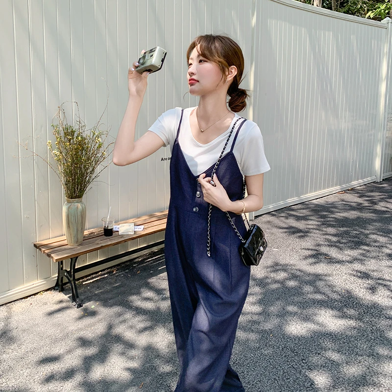 高级感盐系短袖T恤套装女2025夏季新款轻熟牛仔吊带阔腿裤两件套