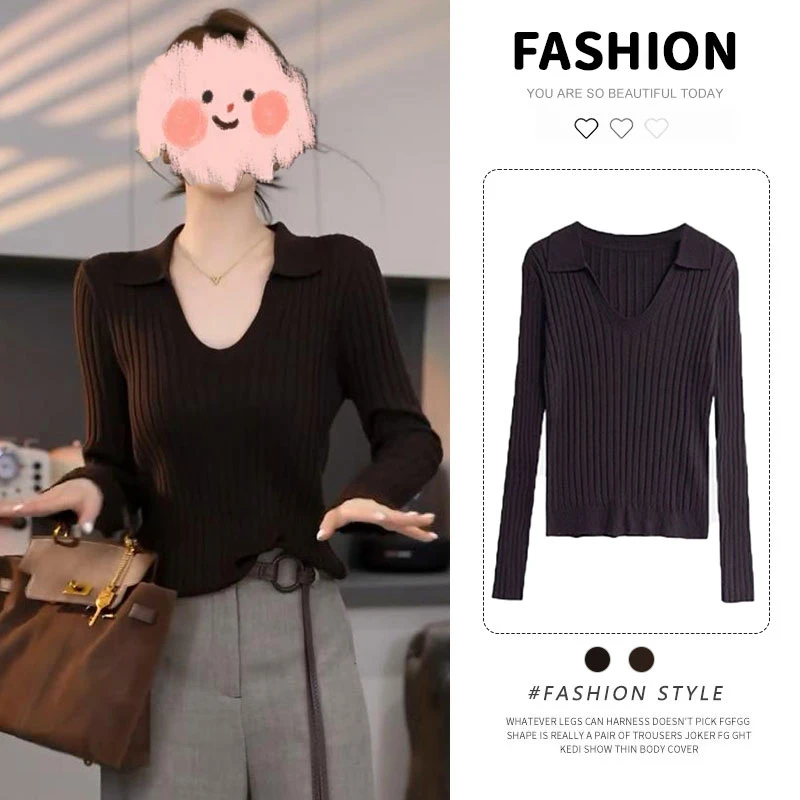 【雅棕棱影】纯色气质显瘦针织衫女2025秋季新款百搭竖条纹洋气上衣