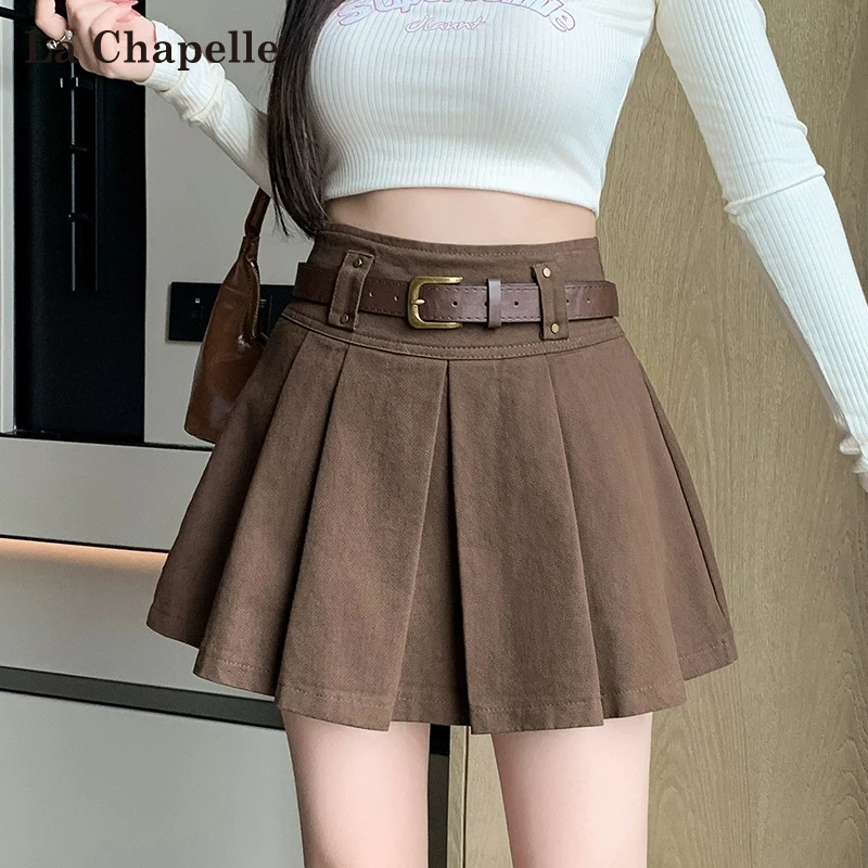 拉夏贝尔咖啡色百褶半身裙女秋辣妹风a字高腰显瘦防走光包臀短裙