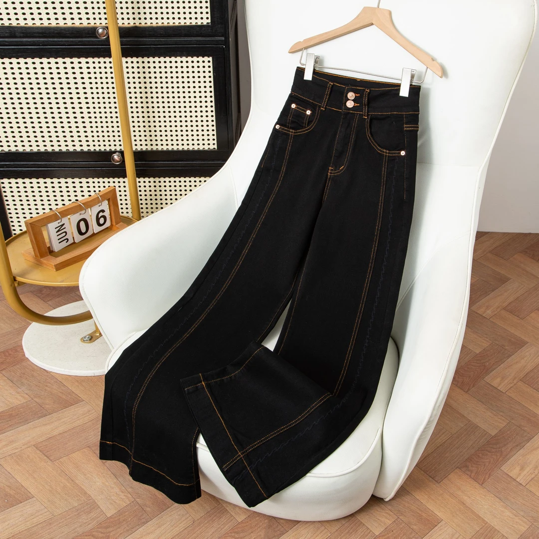 冬季加绒秋冬新款显瘦高腰宽松微喇百搭休闲直筒牛仔裤拖地裤9253