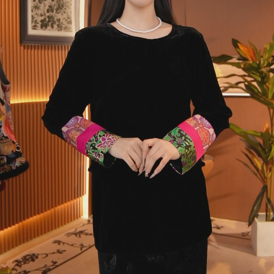 复古圆领丝绒新国潮提花撞色袖口套头式长袖衬衫2025A7371源源