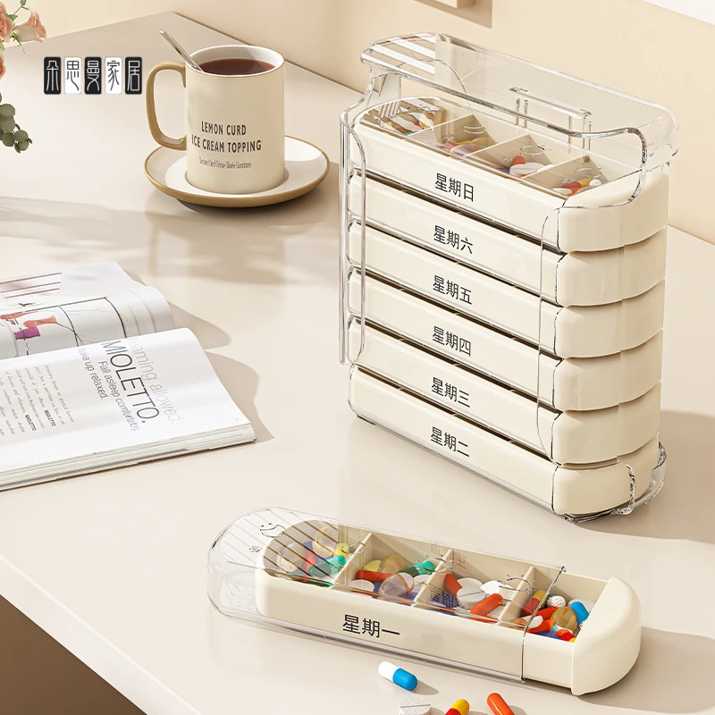 朵思曼一周七天便捷式药盒28格分类药盒老人随身带药盒抽拉式药品