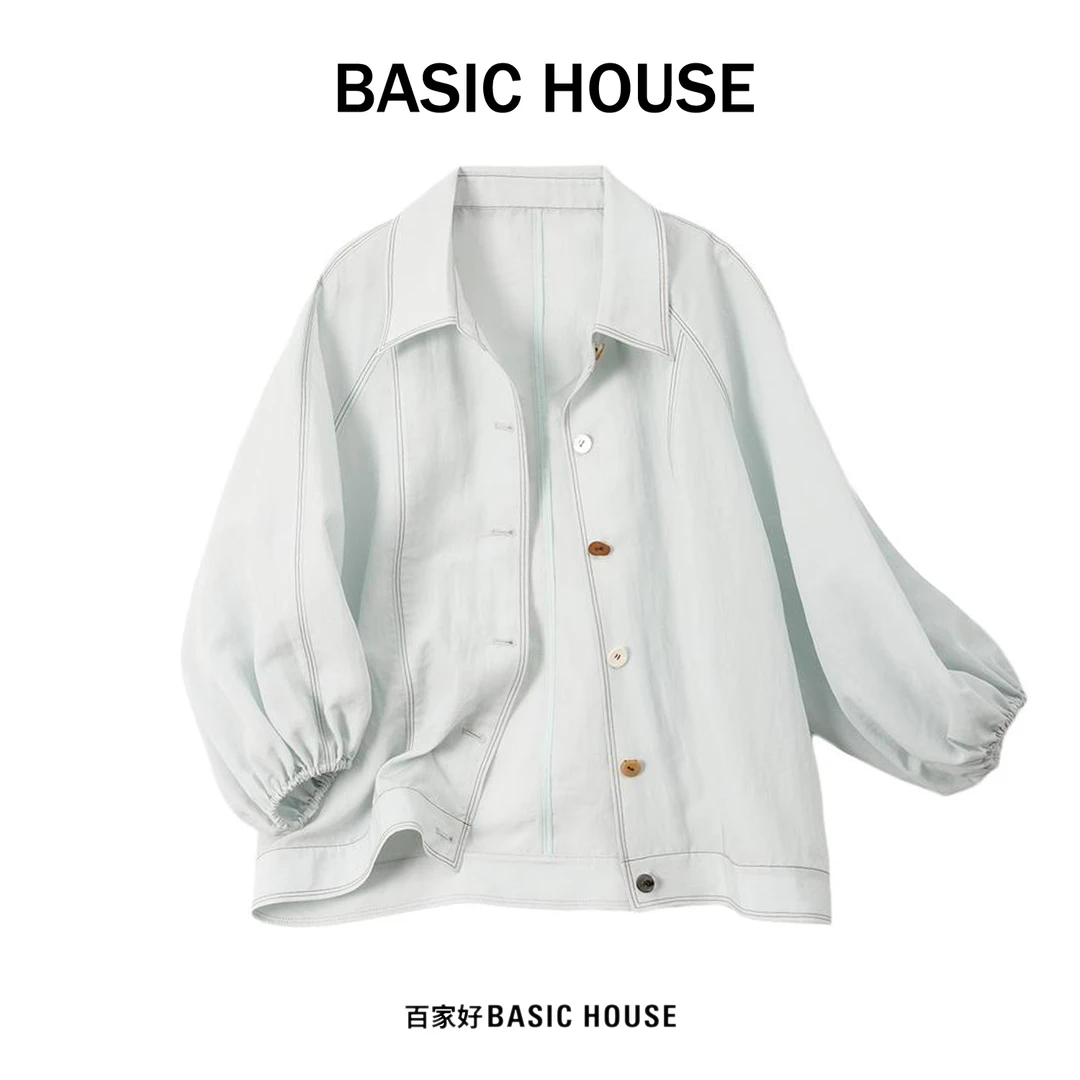 Basic House/百家好2025夏季新款彩扣半袖宽松百搭明线衬衫6332YY