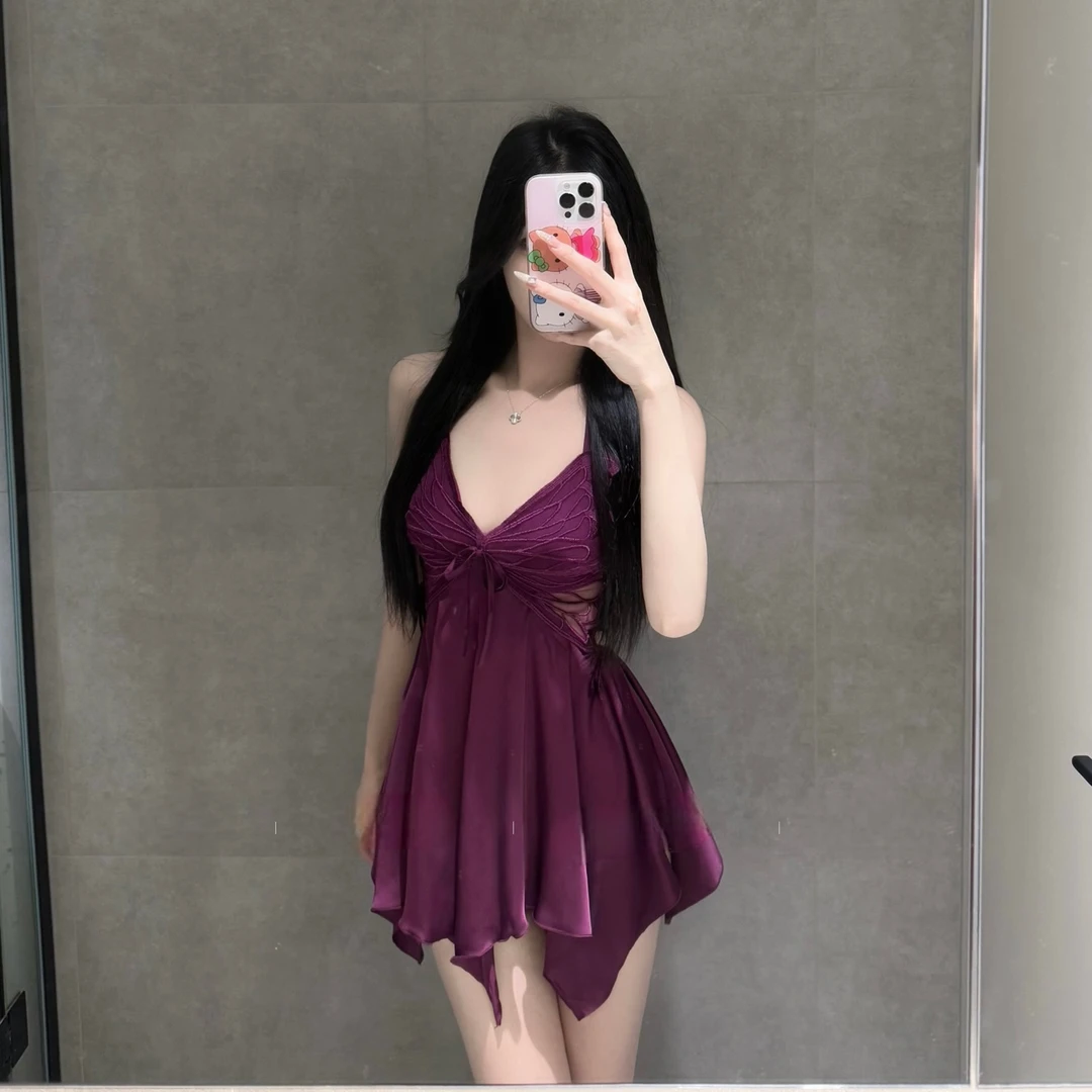 冰丝性感睡衣女露背蝴蝶吊带超短裙带胸垫两件套显瘦镂空2025新款