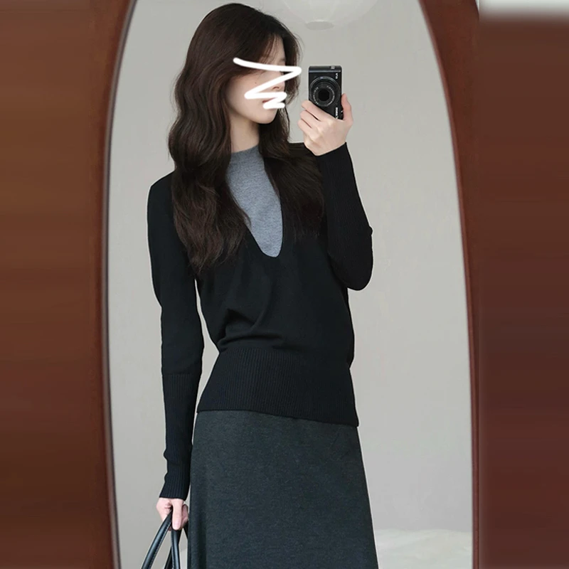 拼接长袖通勤休闲风纯色毛针织衫毛衣薄雾少女风