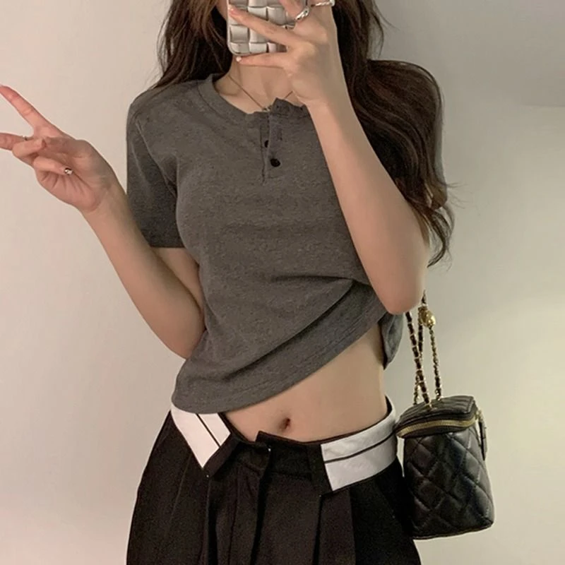 韩版chic设计感短袖显瘦圆领T恤女夏季百搭修身小众打底上衣潮ins