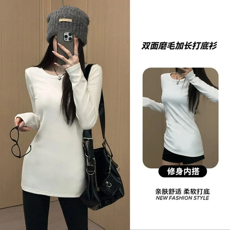 辣妹纯欲收腰中长款内搭长袖T恤女2025春季德绒加绒外穿打底上衣