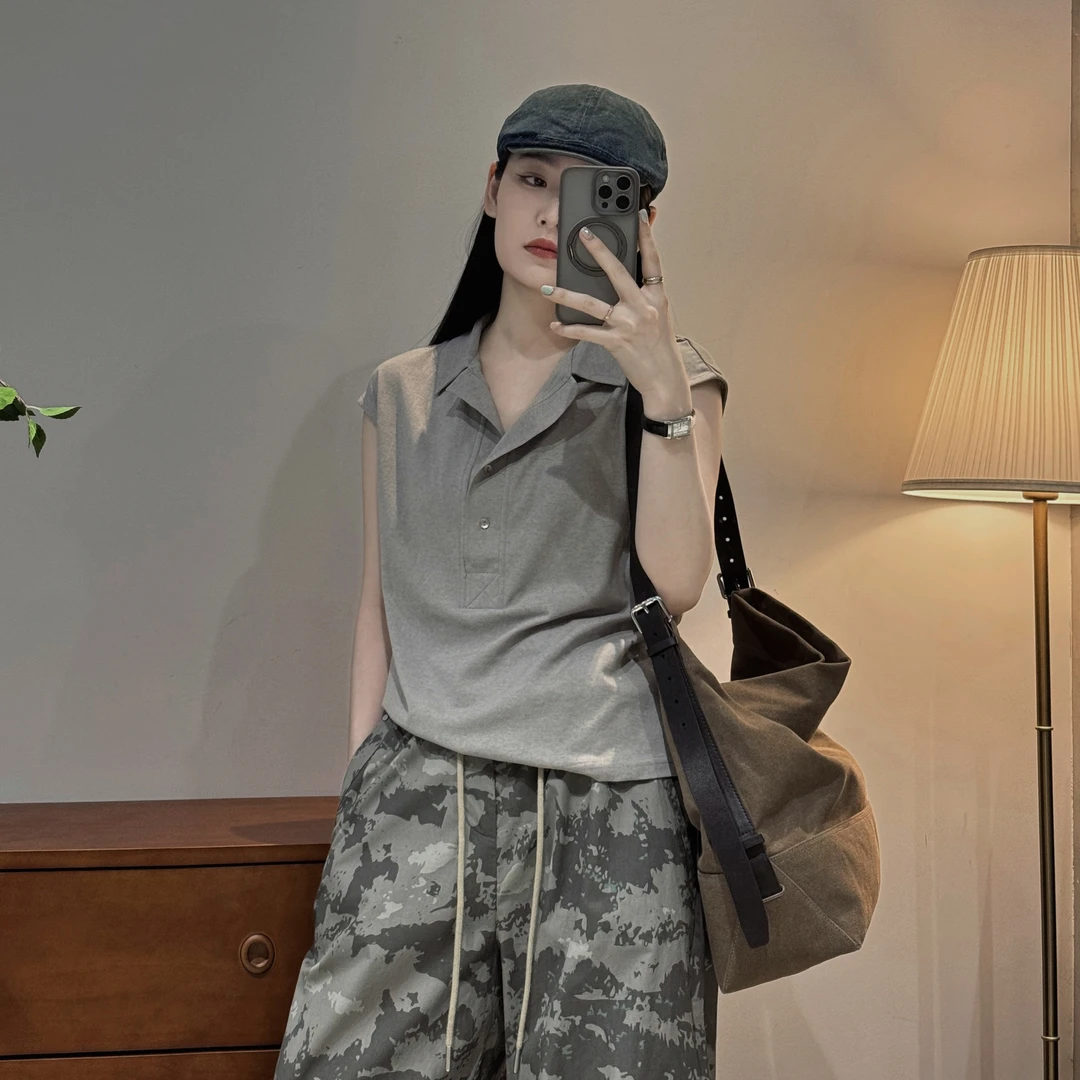 韩系显瘦polo领气质舒适简约休闲百搭无袖上衣女-M25212372