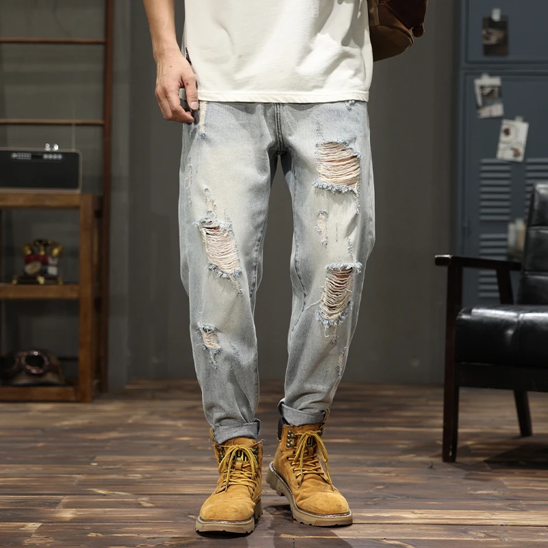 MR.MUDI/穆迪先生复古水洗破洞牛仔裤男士秋季宽松休闲直筒裤潮牌