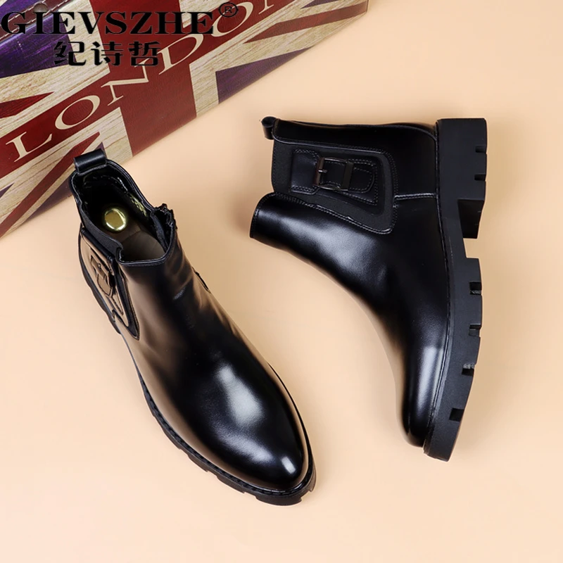 纪诗哲男士切尔西靴轻奢高端套脚马丁靴秋冬加绒厚底男士加绒增高