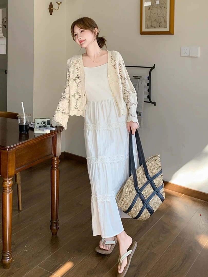 白色蕾丝连衣裙套装女2025夏季新款法式复古吊带裙针织罩衫两件套