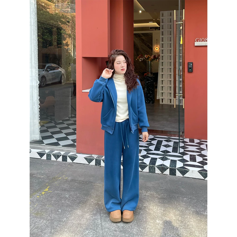 WenWen小个子2025秋冬新款加绒加厚休闲宽松连帽上衣+长裤4711