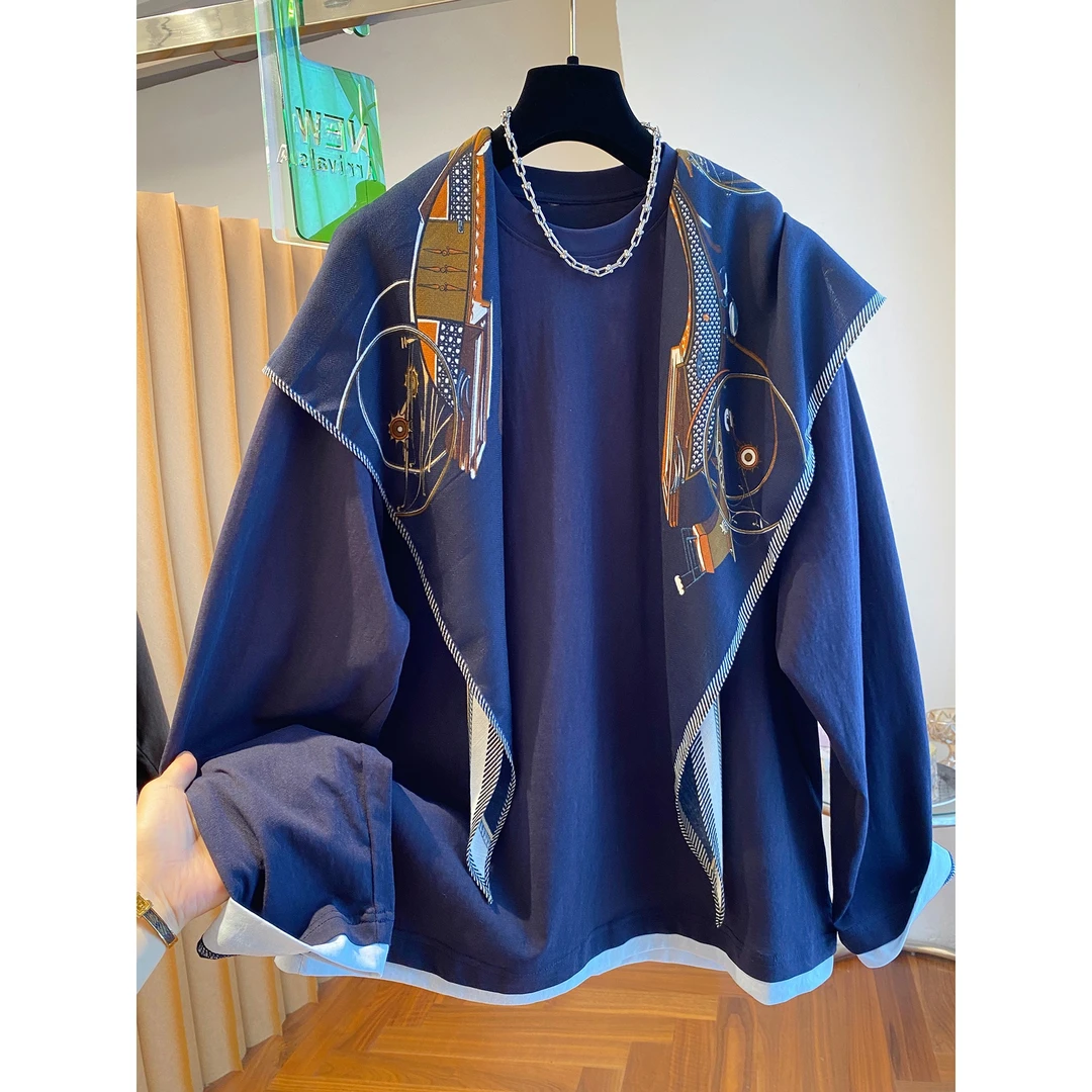 大码胖mm240斤披肩t恤女长袖2025年秋季宽松气质打底衫两件套上衣