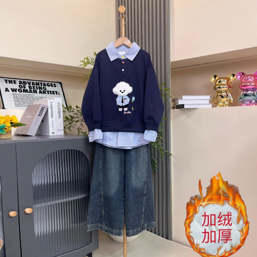 女童秋冬季洋气假两件卫衣套装新款中大童卡通刺绣韩版拼接两件套