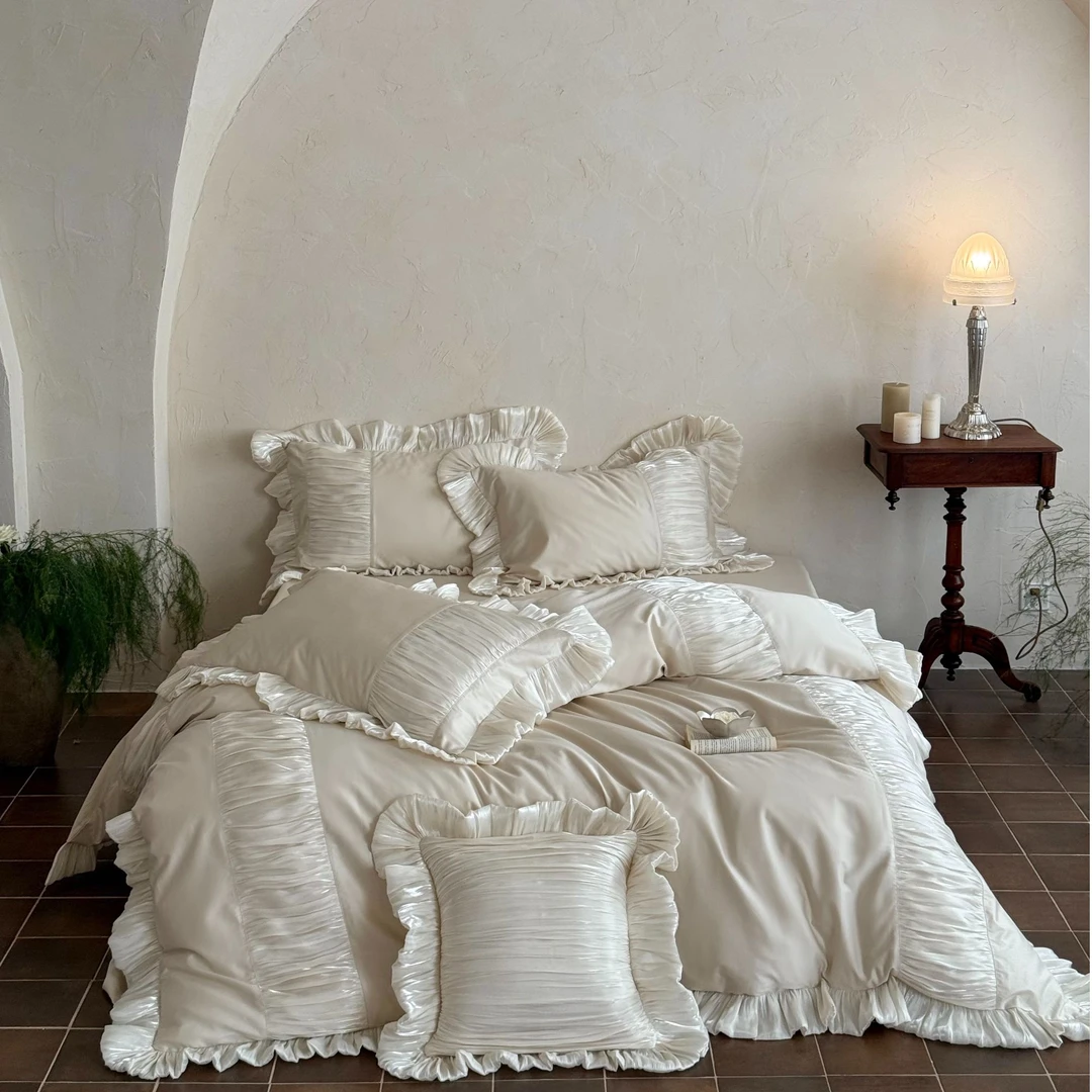 漫漫 法式全棉贡缎四件套褶皱花边设计师四季床品套件少女心