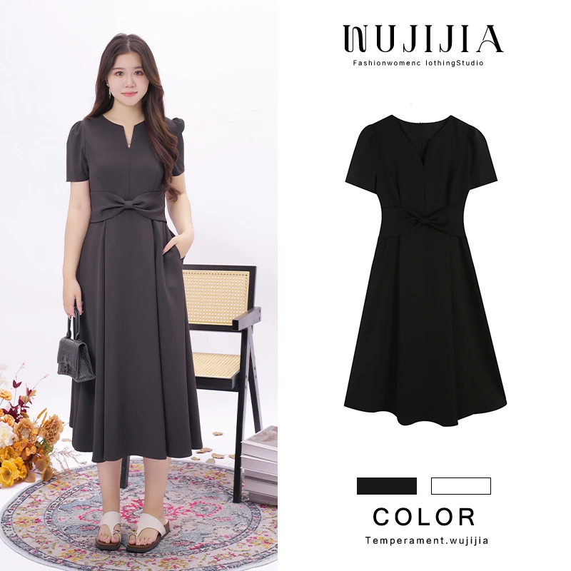 五季家气质重工设计师款显瘦大码黑色赫本风连衣裙裙子ZL109819