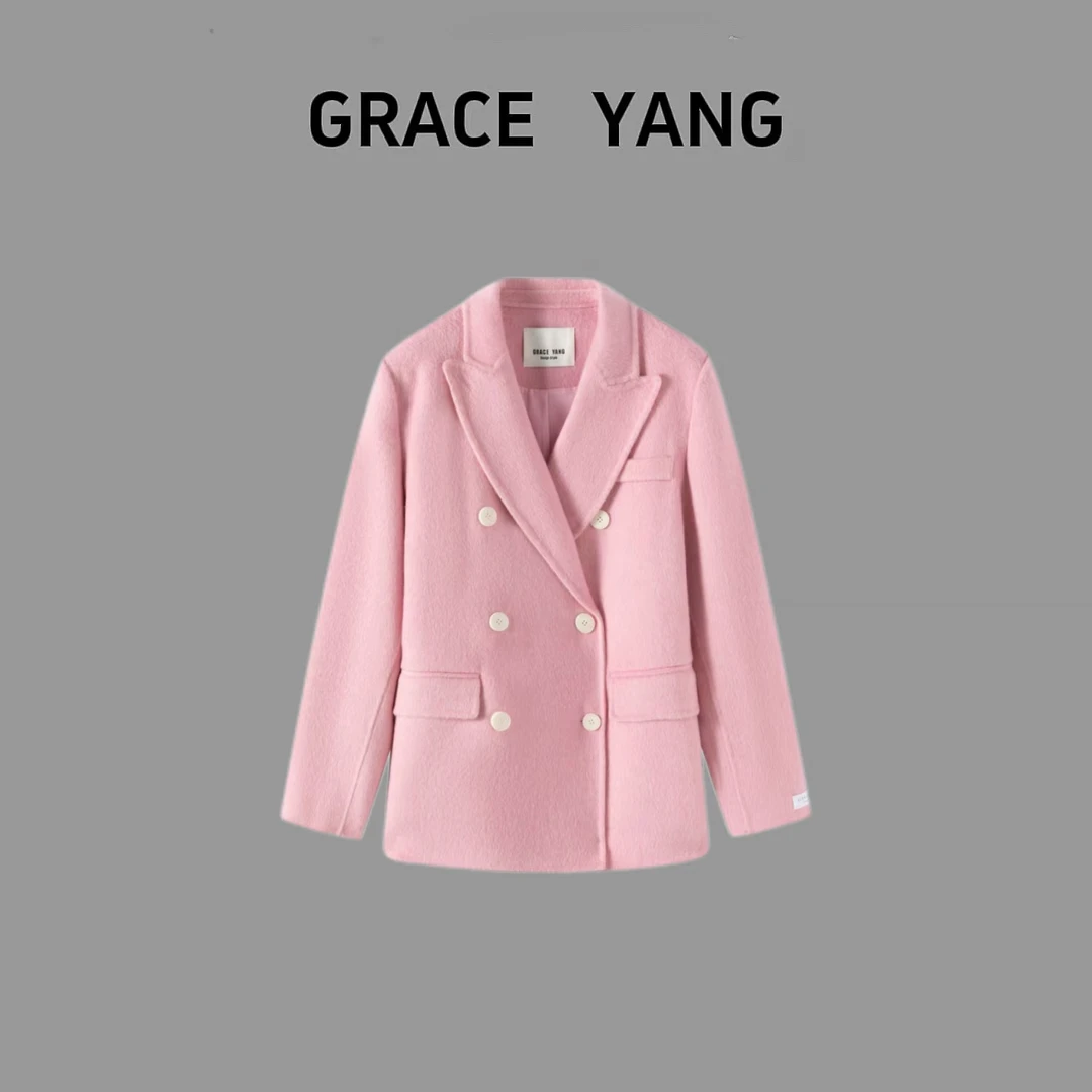 粉色长毛双面羊毛大衣