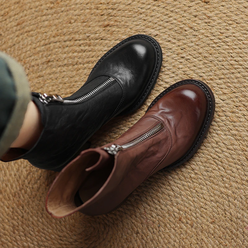 羊皮6公分/复古圆头前拉链真皮短靴时尚秋冬通勤百搭瘦瘦马丁靴