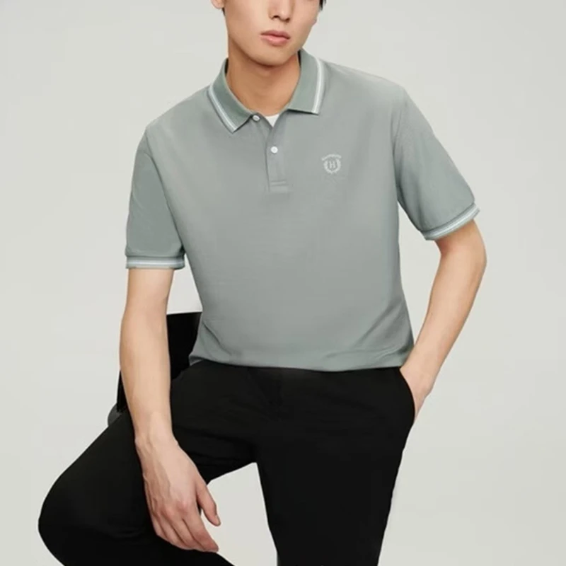 撤柜男装商务时尚男士短袖POLO衫2025夏季撞色翻领刺绣浅绿色T恤